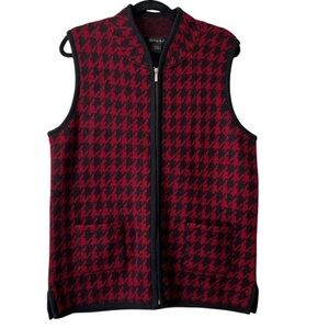 TALLY-HO vintage wool red and black giant houndstooth zip up knit vest